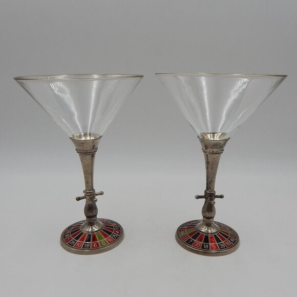 Roulette Wheel Martini Glassware Glasses Pair Godinger Silver Art Company - Picture 3 of 14